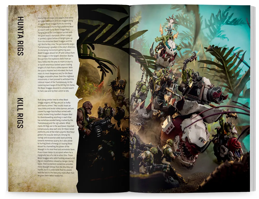 Interior pages of the Codex: Orks bestiary with lore illustrations