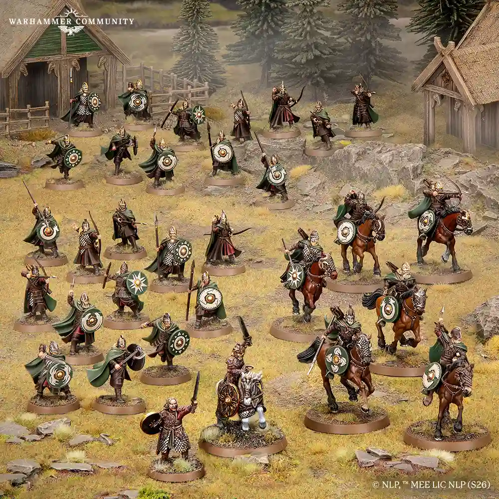 Rohan Battlehost miniatures with Théoden at the front, riders, and warriors on foot