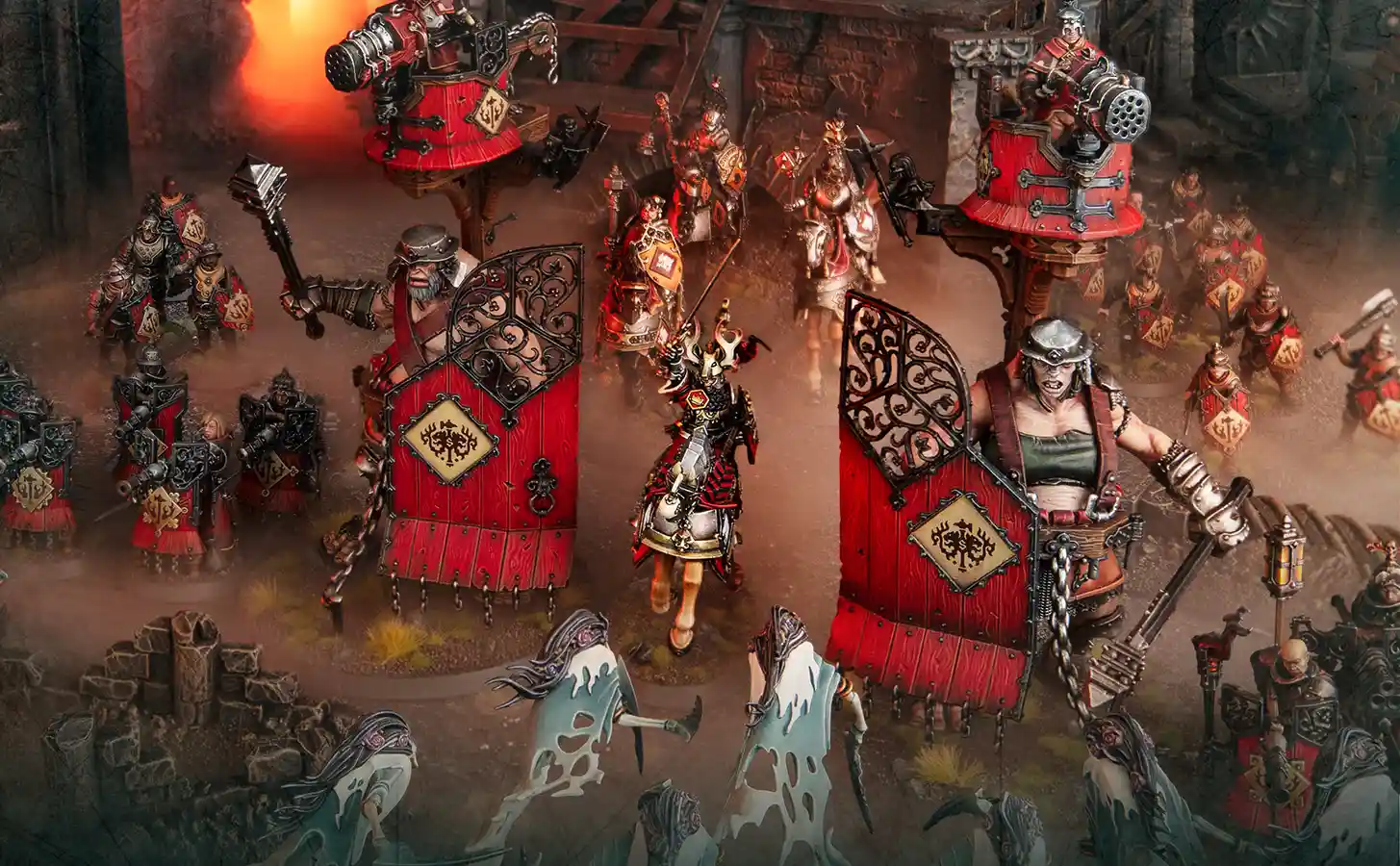 A Cities of Sigmar army marching into battle with banners flying in the wind.