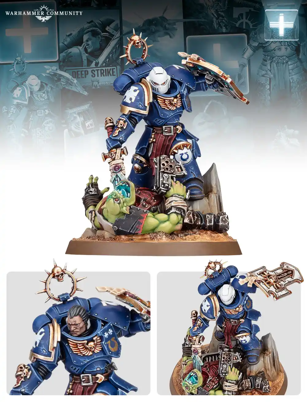 Primaris Captain crushing an Ork.