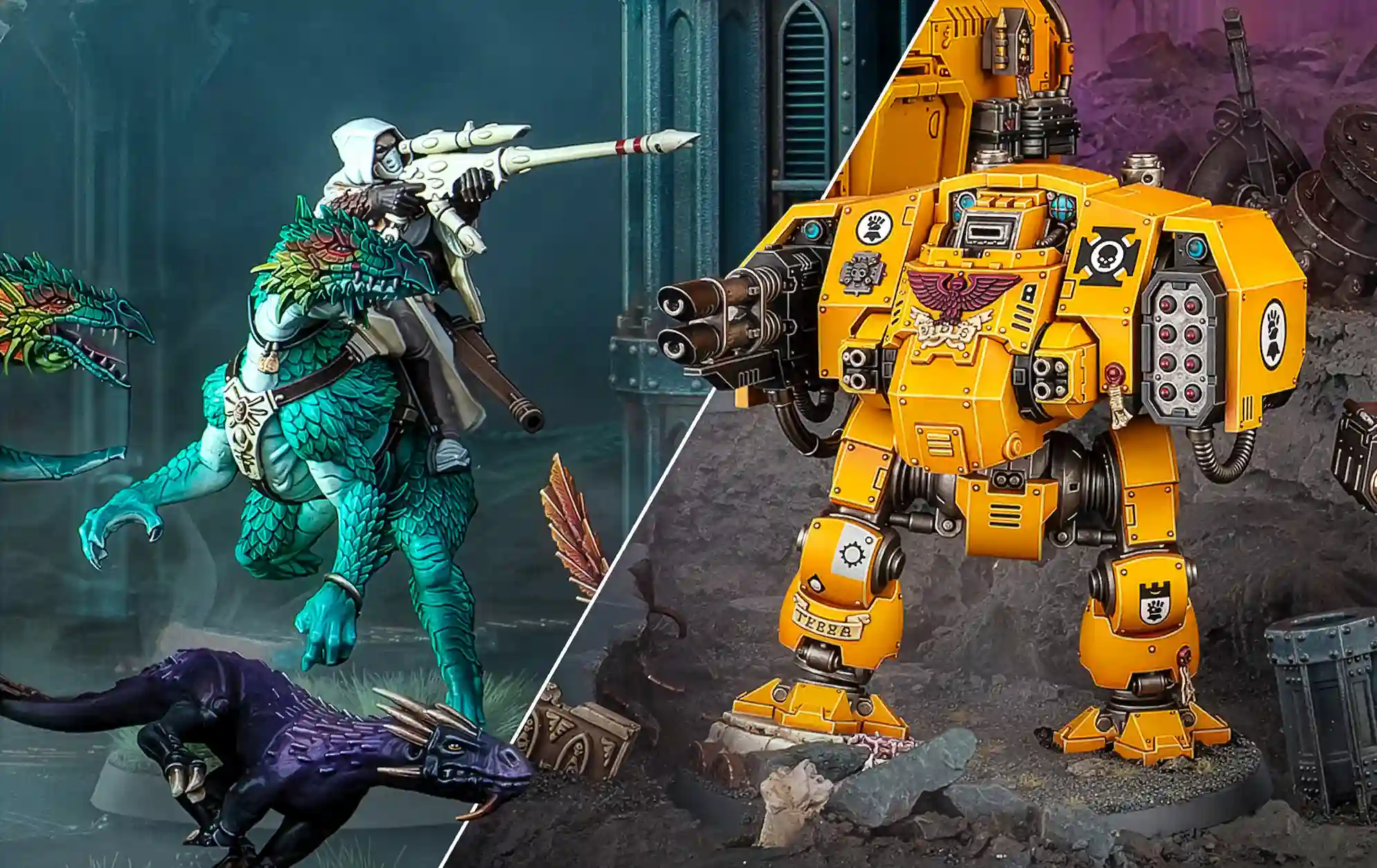 New Aeldari Exodites alongside a Space Marines Dreadnought.