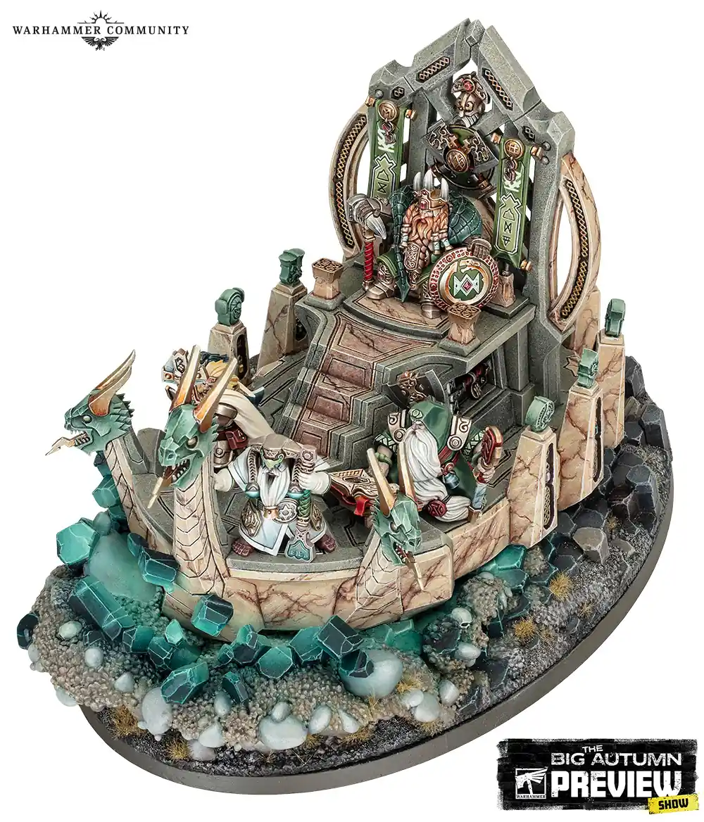 Khazalite Holds duardin shrine with a dwarf lord seated on a stone throne, attendants, and carved dragon heads