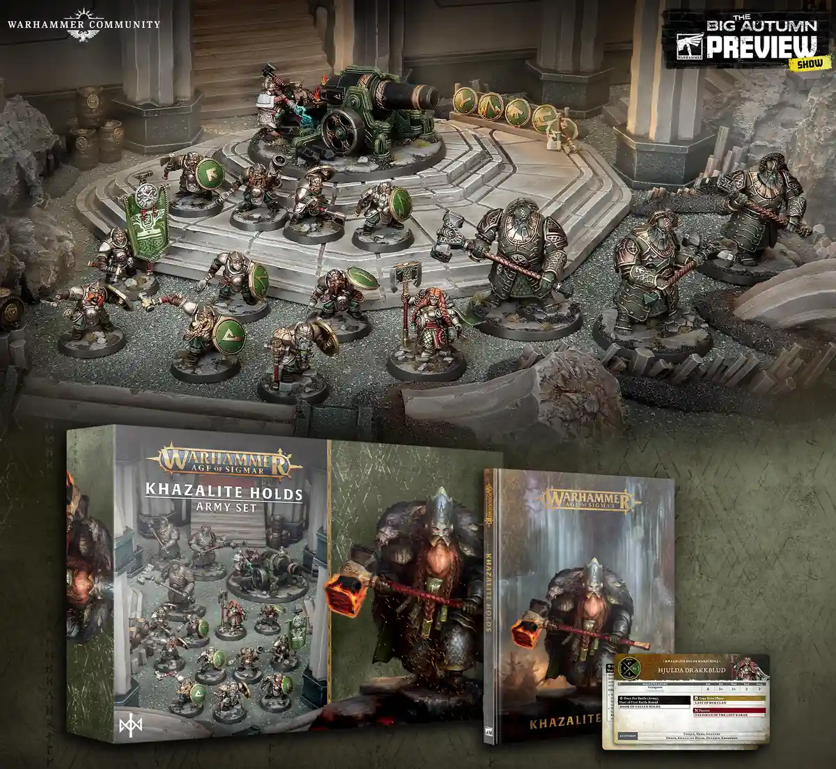 Khazalite Holds army with Hjulda Drakkblud, duardin warriors, a cannon, and stone Gholems