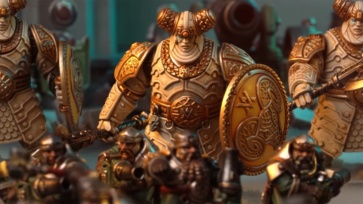 Khazalite Holds army with Hjulda Drakkblud, duardin warriors, a cannon and stone Gholems