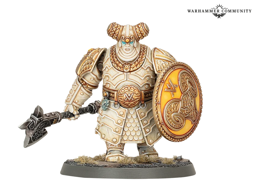 Gholem of Valaya from the Khazalite Holds with pale armour, a runic shield, and an axe