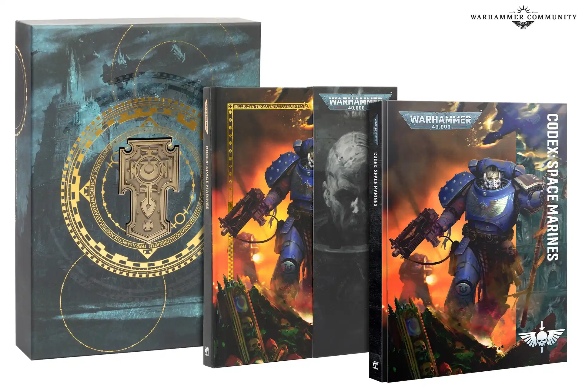 Three Warhammer 40,000 Codex: Space Marines editions showing covers and collector details