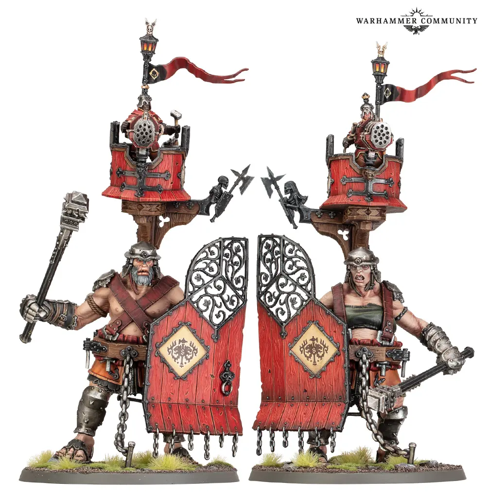 Two Gate Gargants united by a bulwark shield with their Grenadier-Majors in the howdah