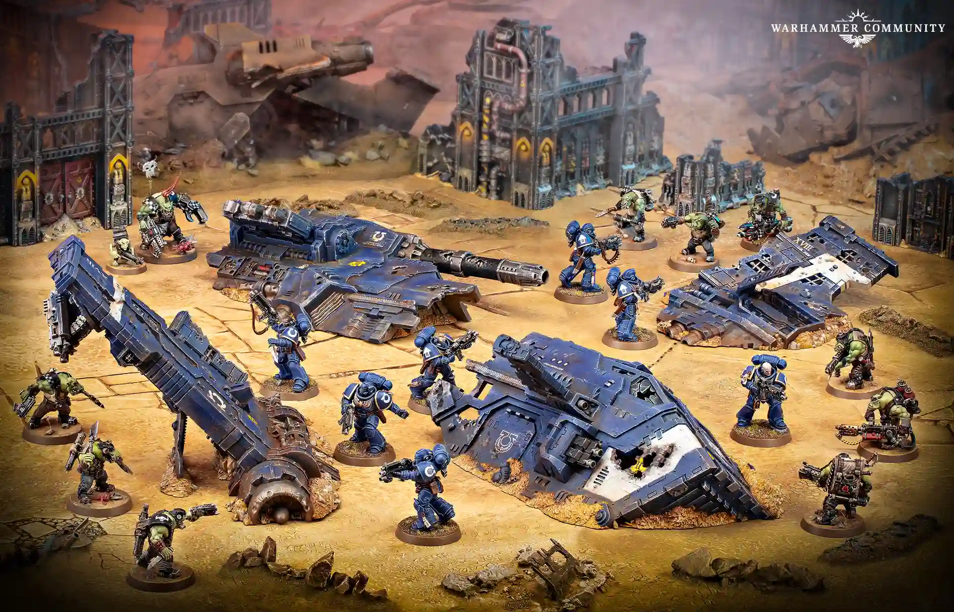 Crashed Thunderhawk terrain integrated into a Warhammer 40,000 game