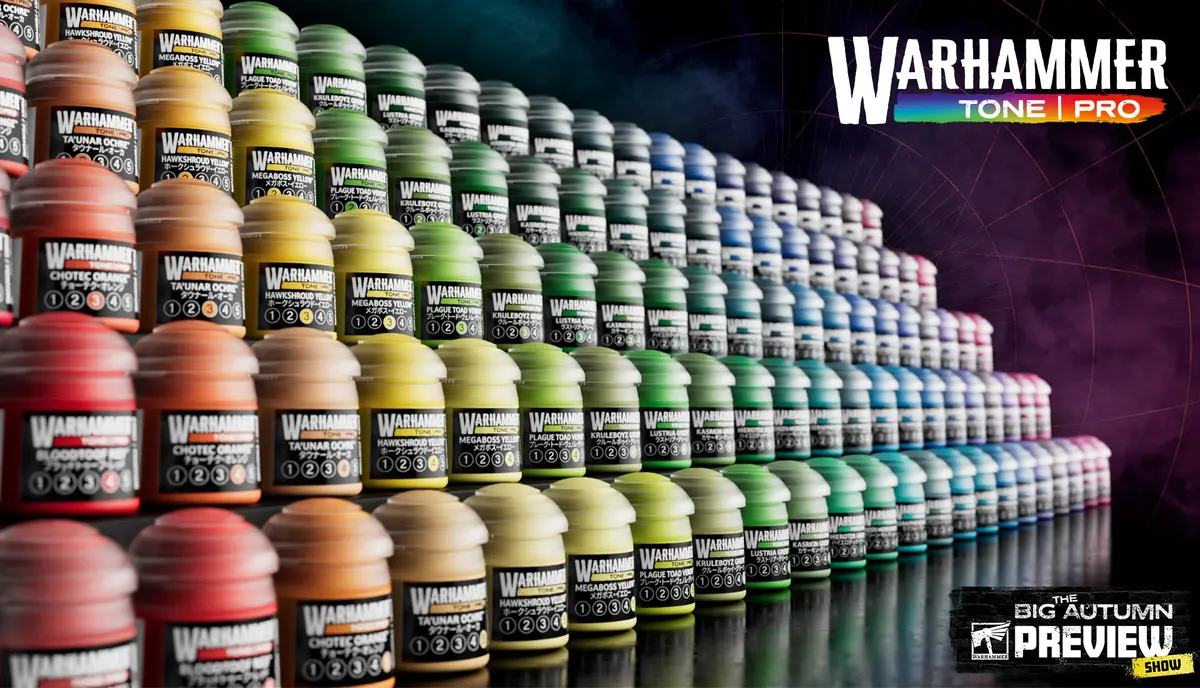 Full Warhammer Tone Pro paint range shown in perspective